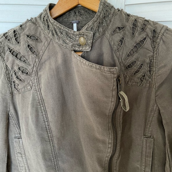Free People Sz 4 Linen Cotton Eyelet Moto Jacket Olive Green Zip - Picture 4 of 13